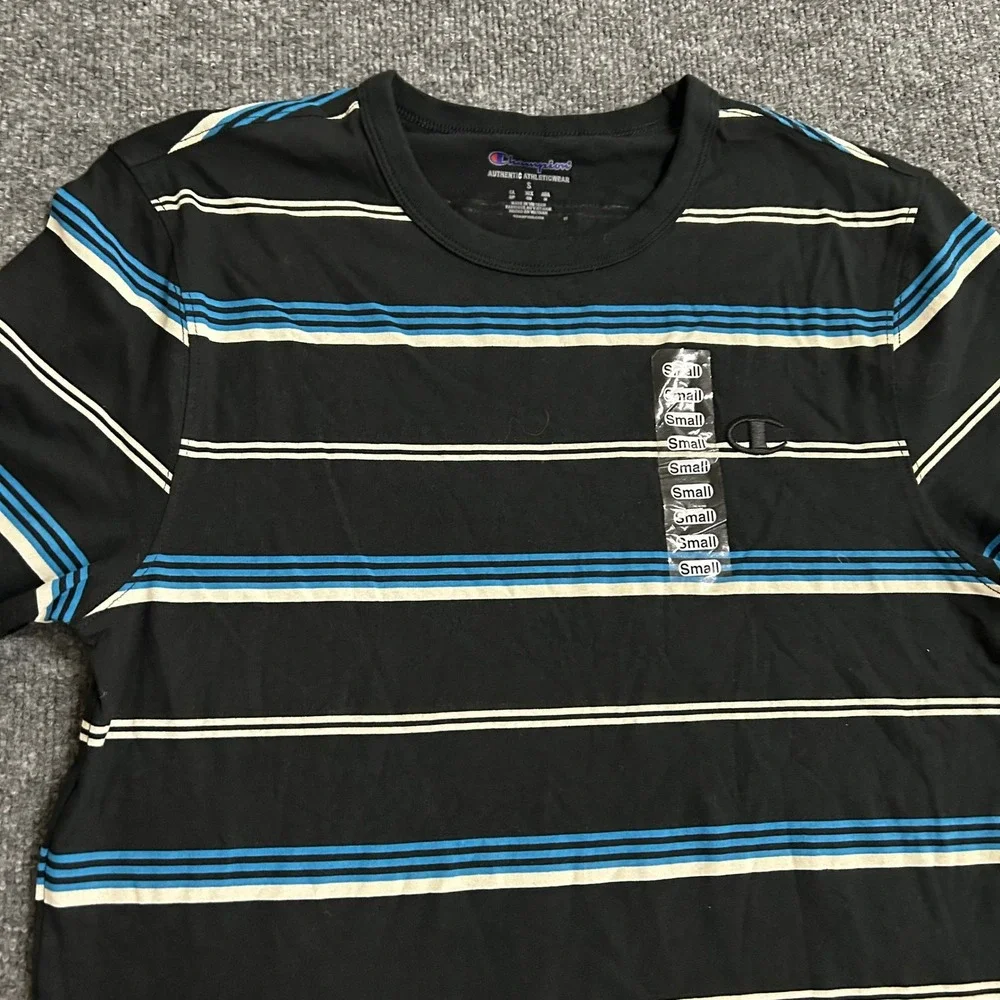 Champion T-Shirt Mens Size S Black Blue White Striped Crewneck Athletic New - Picture 2 of 6